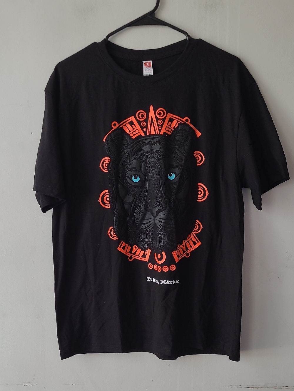 Black Dog T-Shirt with Orange Tribal Panther and Blue Eyes. New Without Tag